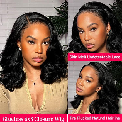 250% Density Side Part Glueless Layered Cut Wig 6x8 Lace Closure Wig Body Wave Pre Cut Pre Bleached Ready Go Wigs